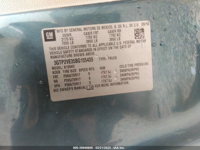 Aukcja sprzedaży 2011 Gmc Sierra 1500 Sle, vin: 3GTP2VE35BG155439, numer aukcji: 35945685