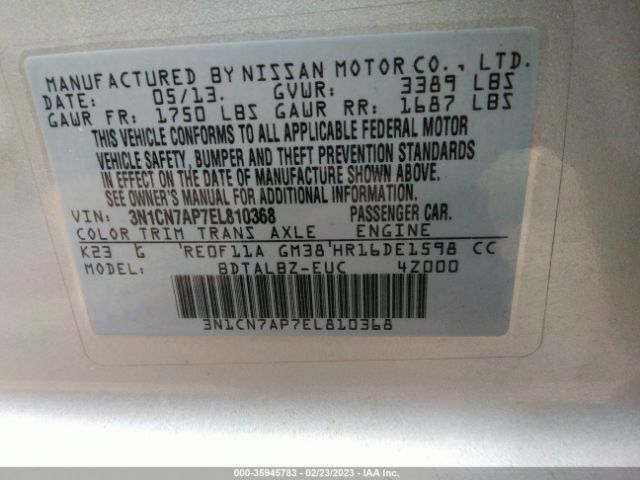3N1CN7AP7EL810368 Nissan VERSA SV