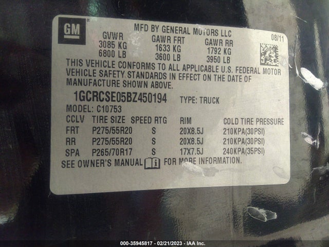 2011 CHEVROLET SILVERADO 1500 LT VIN: 1GCRCSE05BZ450194