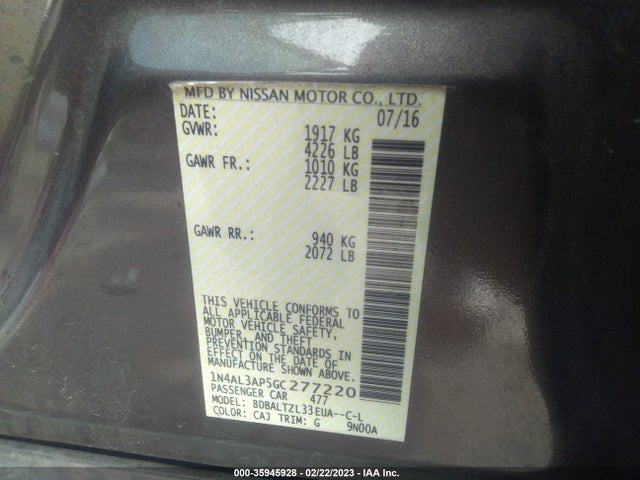 2016 NISSAN ALTIMA 2.5 VIN: 1N4AL3AP5GC277220