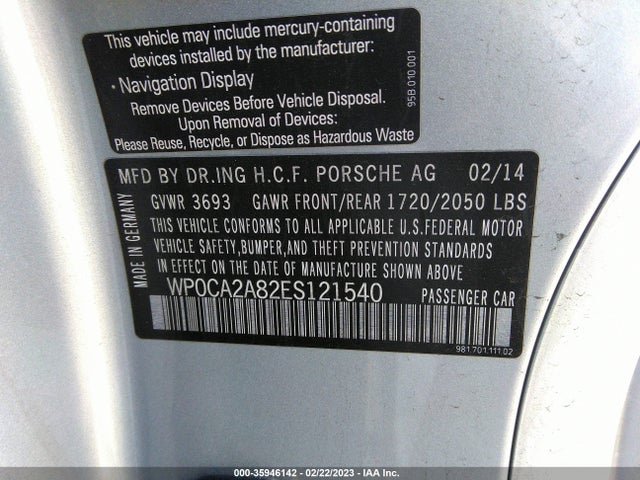 2014 Porsche Boxster, VIN: WP0CA2A82ES121540