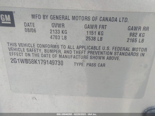 2007 CHEVROLET IMPALA LS VIN: 2G1WB58K179149730