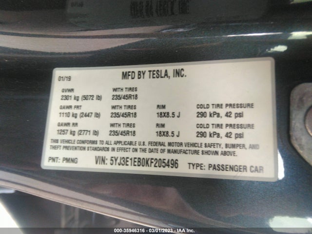 Tesla Model 3 Long Range/performance 2019 5YJ3E1EB0KF205496 Image 9