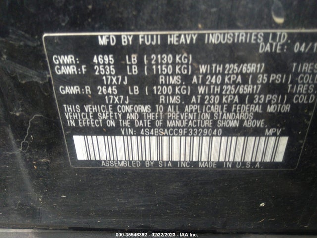 4S4BSACC9F3329040 Subaru Outback 2.5i Premium