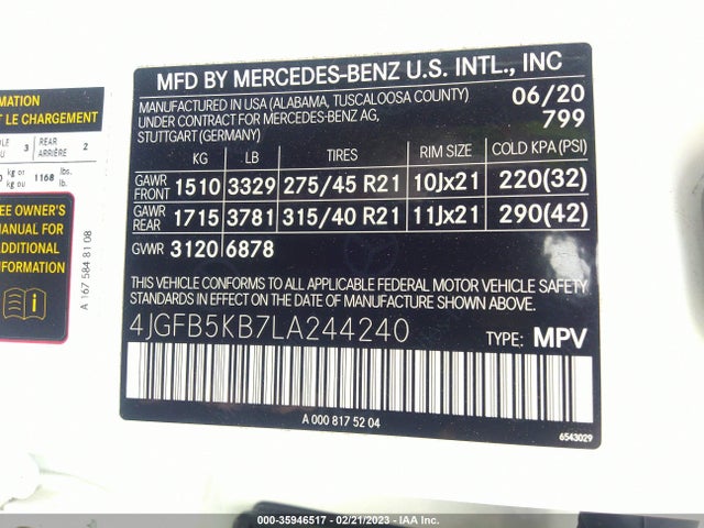 2020 MERCEDES-BENZ GLE GLE 450 VIN: 4JGFB5KB7LA244240