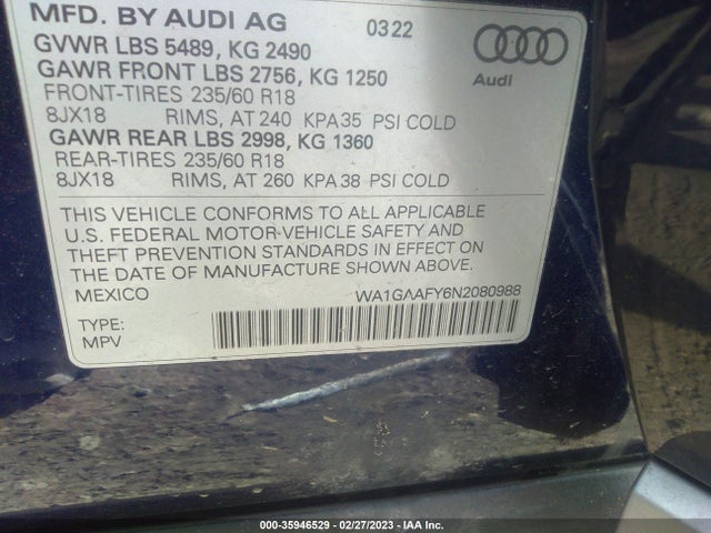 WA1GAAFY6N2080988 Audi Q5 S Line Premium