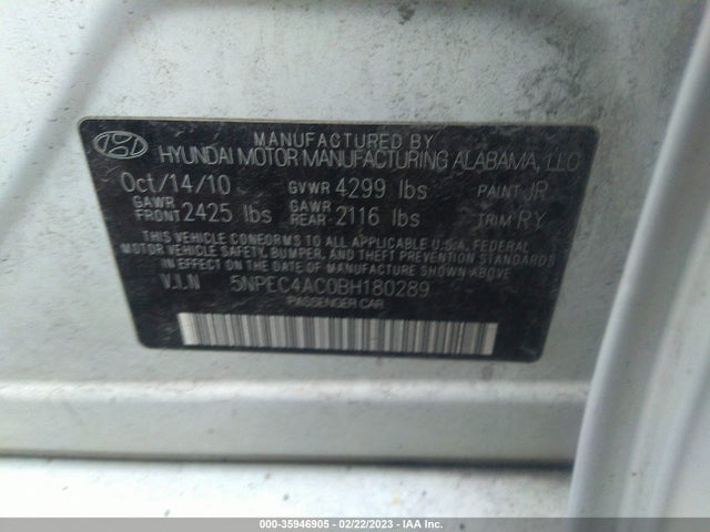 2011 HYUNDAI SONATA SE VIN: 5NPEC4AC0BH180289