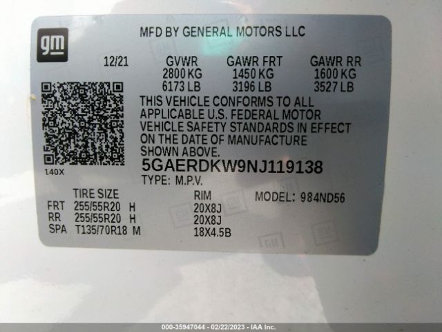 5GAERDKW9NJ119138 Buick Enclave Avenir