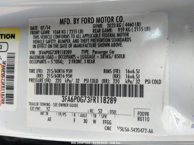 3FA6P0G73FR118289 Ford FUSION S