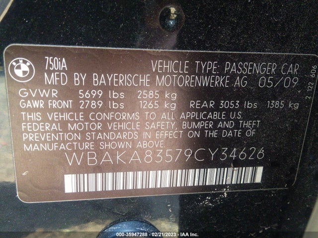 BMW 7 Series 750i 2009 WBAKA83579CY34626 Image 10