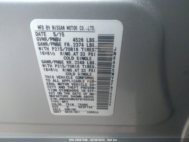 2015 NISSAN ROGUE SELECT S VIN: JN8AS5MV8FW765548