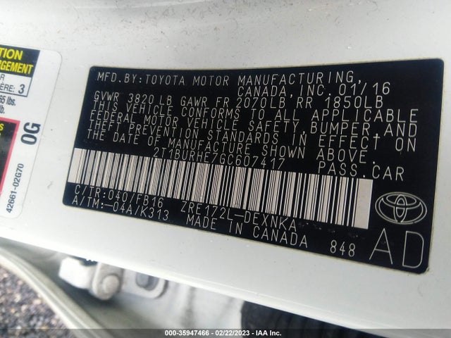 2016 TOYOTA COROLLA L/LE/S/S PLUS/LE PLUS VIN: 2T1BURHE7GC607417