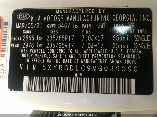 2021 KIA SORENTO LX VIN: 5XYRGDLC9MG039590