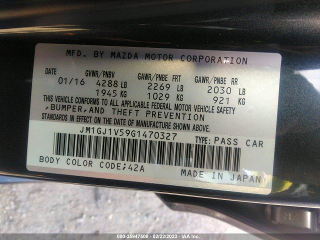 2016 Mazda 6, VIN: JM1GJ1V59G1470327