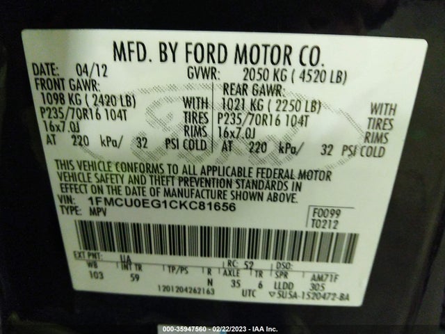 2012 FORD ESCAPE LIMITED VIN: 1FMCU0EG1CKC81656