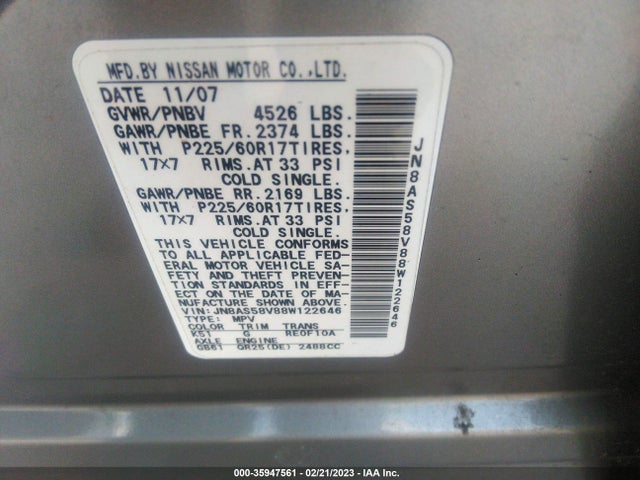 2008 NISSAN ROGUE SL VIN: JN8AS58V88W122646