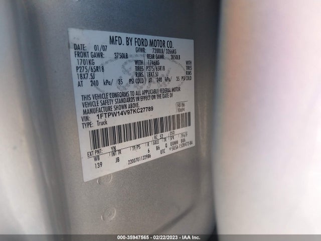 2007 FORD F-150 XLT/FX4/LARIAT/KING RANCH VIN: 1FTPW14V97KC27789
