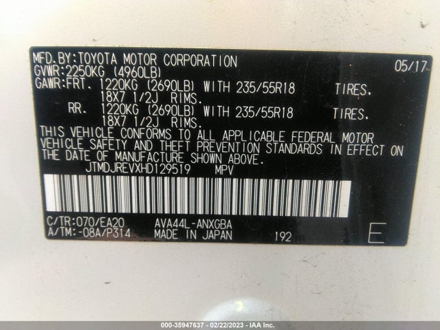 2017 Toyota RAV4, VIN: JTMDJREVXHD129519
