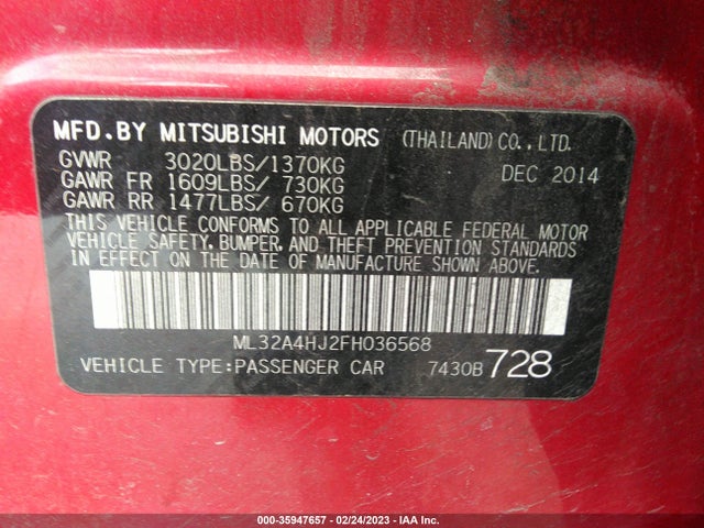 ML32A4HJ2FH036568 Mitsubishi Mirage Es/rf