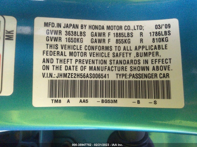 2010 HONDA INSIGHT LX VIN: JHMZE2H56AS006541