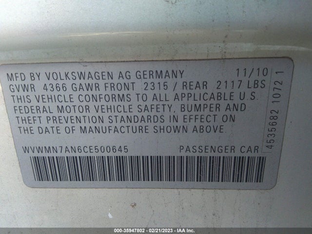 2012 VOLKSWAGEN CC SPORT VIN: WVWMN7AN6CE500645