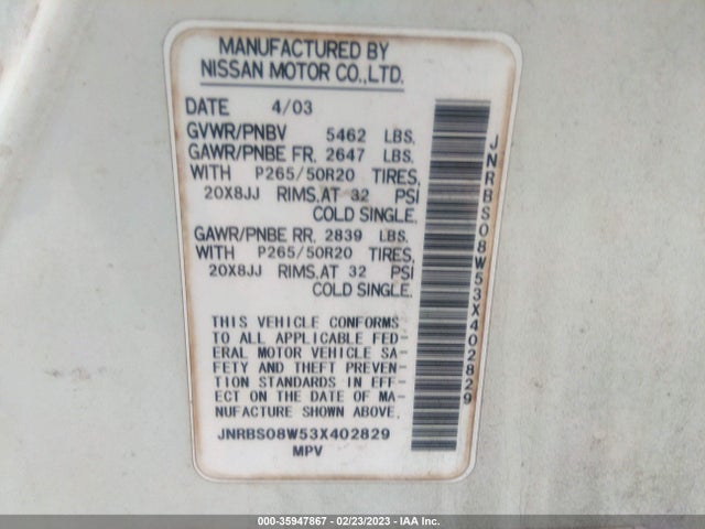 2003 INFINITI FX45 W/OPTIONS VIN: JNRBS08W53X402829