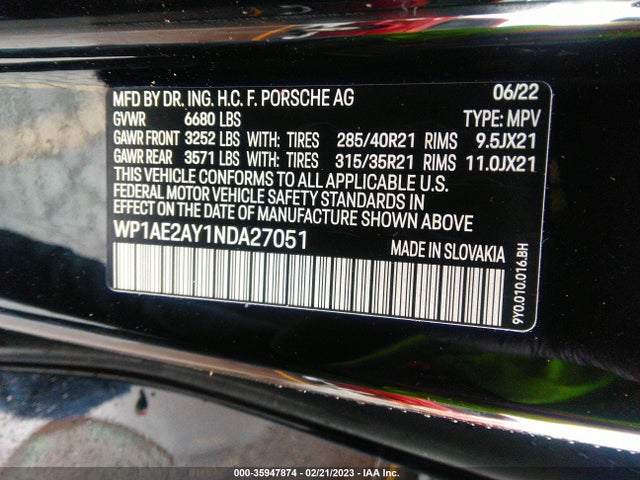 2022 Porsche Cayenne, VIN: WP1AE2AY1NDA27051