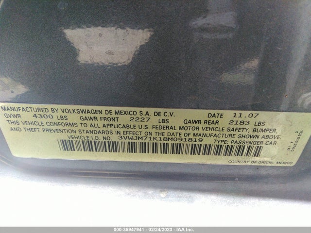 2008 VOLKSWAGEN JETTA SEDAN S VIN: 3VWJM71K18M091819