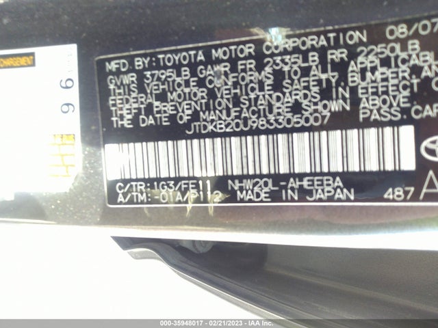 2008 TOYOTA PRIUS VIN: JTDKB20U983305007