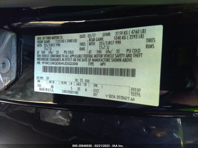 2017 Ford Escape, VIN: 1FMCU9GD6HUD02309
