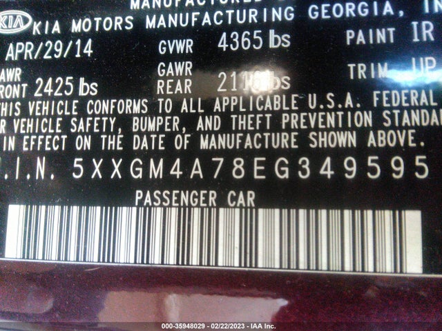 KIA Optima Lx 2014 5XXGM4A78EG349595 Image 10