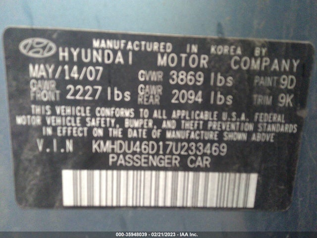 2007 HYUNDAI ELANTRA GLS/SE/LTD VIN: KMHDU46D17U233469