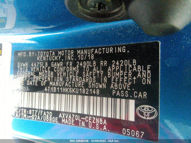 2019 TOYOTA CAMRY LE VIN: 4T1B11HK6KU182148