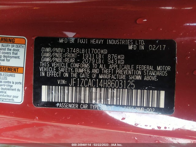 2017 Subaru BRZ, VIN: JF1ZCAC14H8603125
