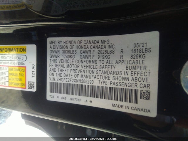 2022 HONDA CIVIC SEDAN LX VIN: 2HGFE2F2XNH505290