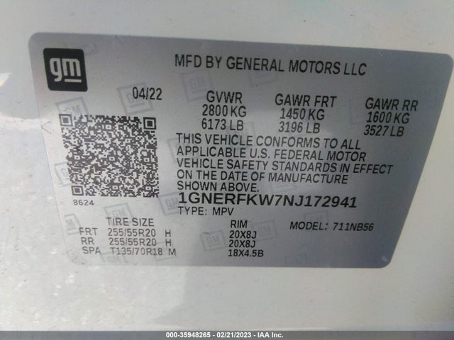2022 Chevrolet Traverse, VIN: 1GNERFKW7NJ172941