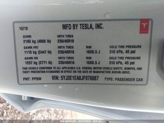 Tesla Model 3 Range Battery 2018 5YJ3E1EA8JF076087 Image 9