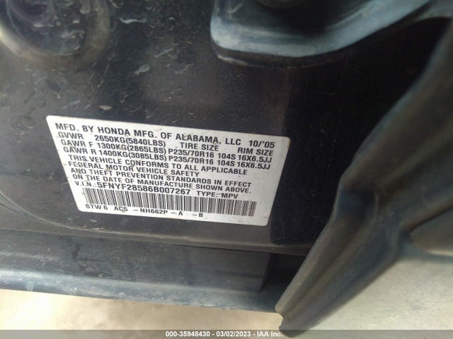2006 HONDA PILOT EX-L VIN: 5FNYF28586B007267