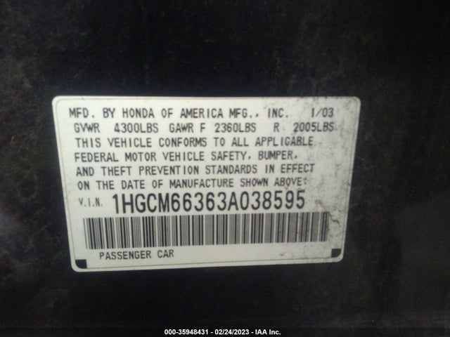 2003 HONDA ACCORD SDN LX VIN: 1HGCM66363A038595
