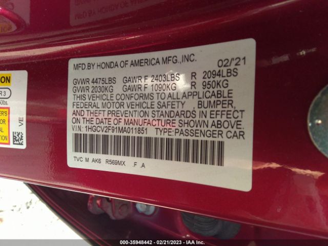 2021 HONDA ACCORD SEDAN 1HGCV2F91MA011851 Photo 8