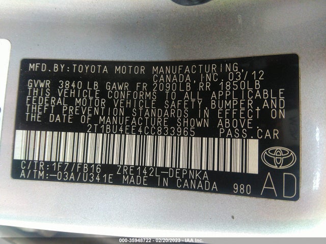 2012 TOYOTA COROLLA L/LE/S VIN: 2T1BU4EE4CC833965