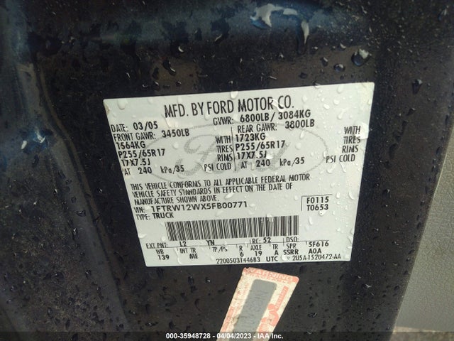 2005 FORD F-150 XLT VIN: 1FTRW12WX5FB00771