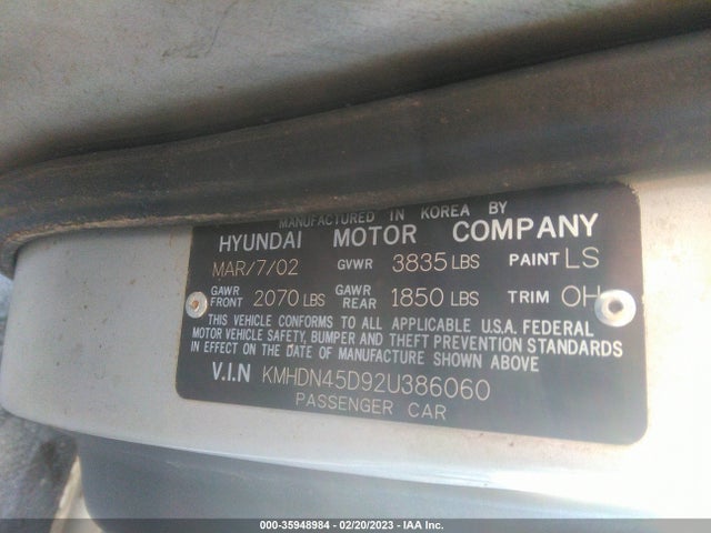 2002 HYUNDAI ELANTRA GLS VIN: KMHDN45D92U386060