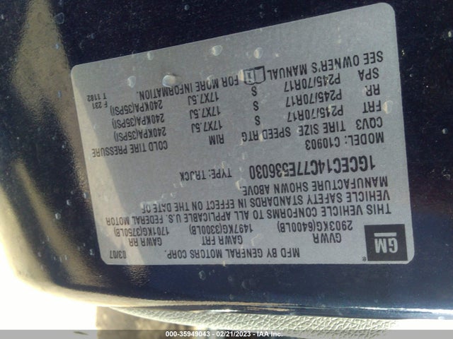 2007 CHEVROLET SILVERADO 1500 WORK TRUCK VIN: 1GCEC14C77E536030