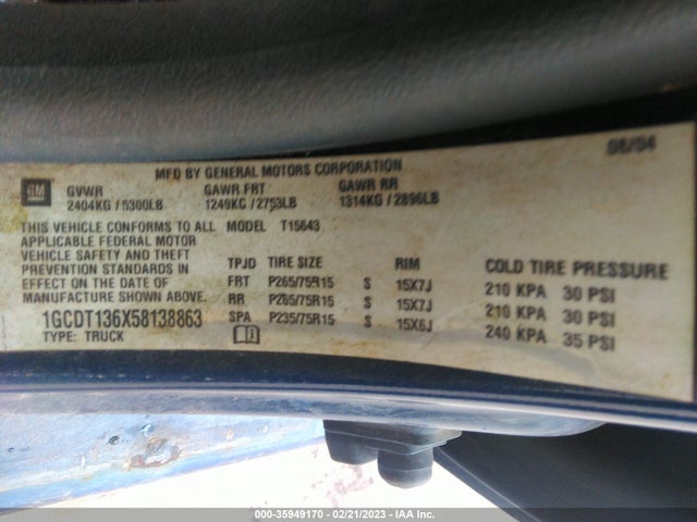 2005 CHEVROLET COLORADO 1SE LS Z71 VIN: 1GCDT136X58138863