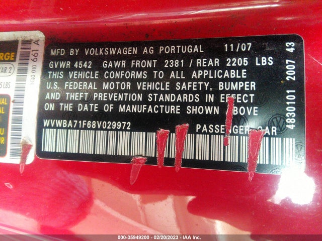 2008 VOLKSWAGEN EOS TURBO/KOMFORT VIN: WVWBA71F68V029972
