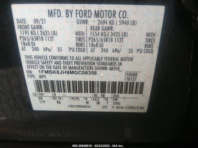 2021 FORD EXPLORER TIMBERLINE VIN: 1FMSK8JH9MGC08358