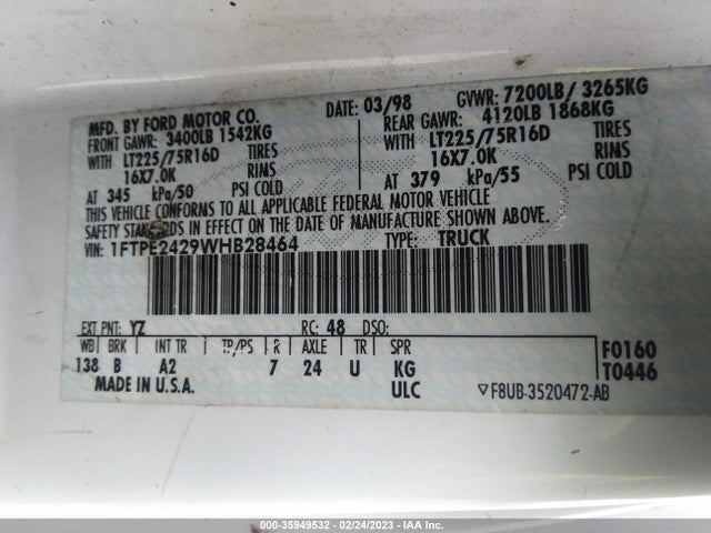 1998 FORD ECONOLINE CARGO VAN VIN: 1FTPE2429WHB28464