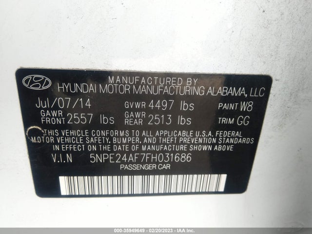 2015 HYUNDAI SONATA 2.4L SE VIN: 5NPE24AF7FH031686