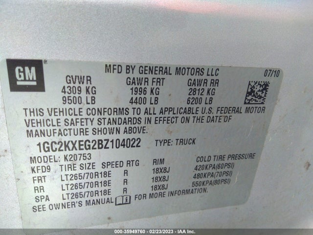 2011 CHEVROLET SILVERADO 2500HD LT VIN: 1GC2KXEG2BZ104022